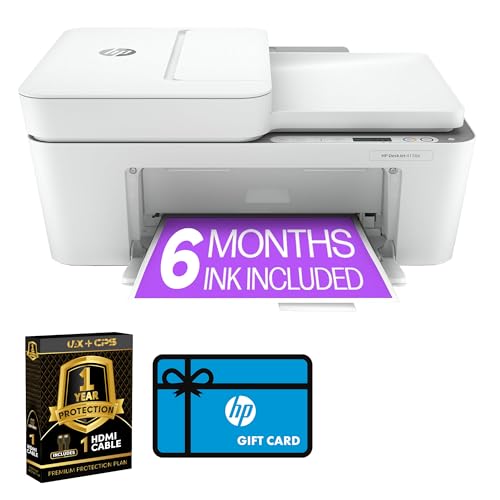 HP DeskJet 4158e Plus Wireless Color Inkjet Printer Print Scan Copy Mobile Printing 6 Months Instant Ink Home & Office White + UAX 4K HDMI 2.0 Cable + CPS 12 Month Protection Bundle
