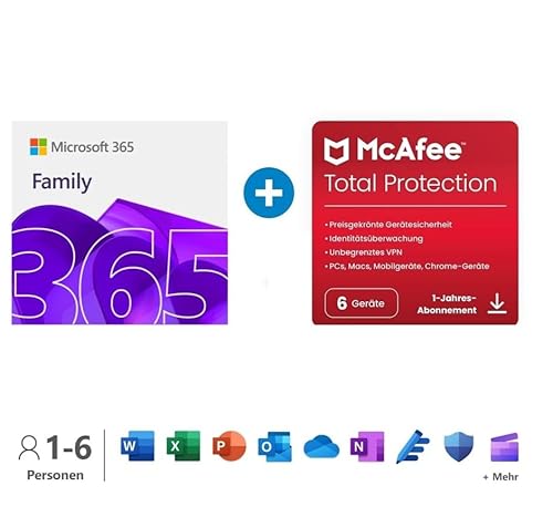 Microsoft 365 Family │ 1 Jahr │ bis zu 6 Personen │ Office Apps mit KI | bis zu 6 TB Cloudspeicher + McAfee Total Protection | 6 Geräte | Aktivierungscodes per E-Mail