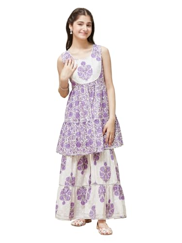 Curly Tales Girl's Cotton Printed Kurta & Sharara Ethnic Set -K-5301-12-13 (32) Lavender