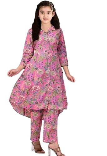 JULEE Kids Girls Cotton Readymade Kurti Pent Set (S-12 Pink-34-11-12)