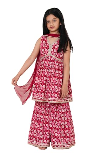 MUM & DAUGHTER Girls' Ethnic Sharara Set | Floral Printed Kurti with Sharara Pants & Dupatta | Traditional Indian (Rani Pink, 6 yr)